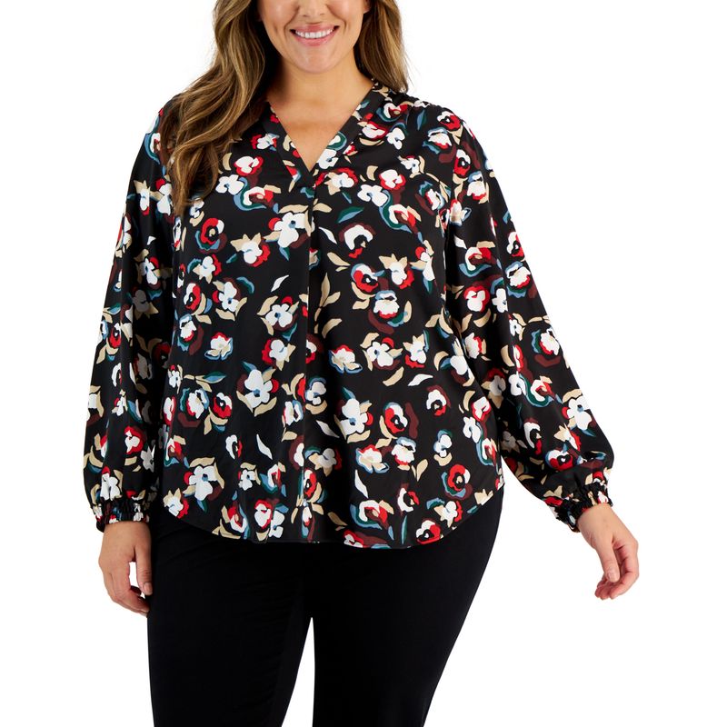 Alfani Plus Size Printed V Neck Long Sleeve Top